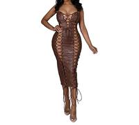 ZWEBY Abiti aderenti in pelle da donna Abito senza maniche for patchwork for donne estive abito midi Abito da festa Clubwear (Colore : Marrone, Size : S)