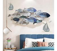 ZWESKUX Decorazione da parete con pesce in metallo 3D, decorazione da parete per barca a vela in metallo da 2 pezzi, scultura da parete scuola di pesci da 50x20 pollici sulla spiaggia, decorazione