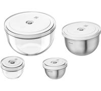ZWILLING Fresh & Save BOWLS - Set di 8 ciotole sottovuoto in vetro/acciaio INOX, S-12 cm, M-18 cm, lunghezza 24 cm, colore: Argento/Bianco