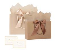 ZWWOGE Sacchetti Regalo Medi, 2 Sacchetti Regalo in Carta con 2 Veline e 2 Biglietti, Sacchetti Regalo con Manici per Donne, Ragazze, Damigella d'onore, Compleanno, San Valentino(Marrone/champagne)