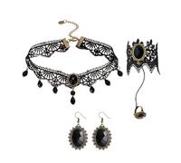 ZWWOGE Set di 4 collane in pizzo gotico, comprendente una collana, un paio di orecchini e un braccialetto con anello, Nero con Strass e Ciondolo a Goccia, Perfetta per Feste di Cosplay