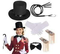 zwxqe a Tema Circo per Donna | Set Cappello a Cilindro e Spalline | Farfallino Guanti Frusta Unisex Per Feste A Tema Circo