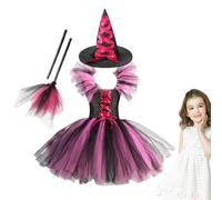zwxqe Costume da per Bambine con Cappello, Scopa e Vestito di Tulle Fantasy | Abito in Tulle per le Bambine Cosplay Feste, Mascherate, Carnevale e Spettacoli Teatrali