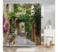 ZXBNNN Collezione di decorazioni toscane Casa toscana con porta in legno rustico Immagine di fiori Tende da doccia in tessuto di poliestere Decorazione per il bagno (130x215cm(51,18x84,65 pollici))