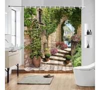 ZXBNNN Tenda da doccia per giardino esterno Architettura stradale Botanica Floreale Vintage Vecchio stile Porta Scena rustica Arredamento bagno 150x190 cm (59,06x74,8 pollici)