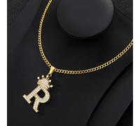 zxcs Zirconia Collana della Lettera della Corona per Le Donne Uomini Hip Hop Iniziale Alfabeto di Fascino Catena Choker Ciondolo Pendente Collana Gioielli Regalo-R