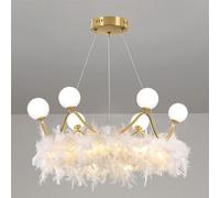 ZXDTVFGN Lampadario a Corona da Principessa 23,6 Pollici, con Piume Bianche e Dorate, per Camera da Letto delle Ragazze, Moderno di metà secolo, in Vetro di Latte, Grande Lampad