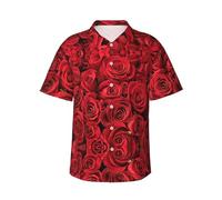 ZXERTG Camicie hawaiane da uomo a maniche corte con stampa di rose rosse, camicie da spiaggia tropicali per l'estate e le vacanze, Nero , XL