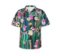 ZXERTG Camicie hawaiane da uomo con stampa di cactus in fiore, a maniche corte, camicie da spiaggia tropicali per l'estate e le vacanze, Nero , 3XL