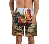 ZXERTG Pantaloncini casual da spiaggia da uomo con stampa gallo su legno in campagna, pantaloncini da bagno estivi da uomo, comodi pantaloncini da bagno, bianco, XXL