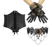 ZXTGBQ 3 Pezzi Corsetto Donna con 1 Choker Nero e 1Paio di Guanti di Pizzo, Retrò Ampia Cintura Elastica Donna per Vestirsi Costume di Halloween Carnevale di Venezia