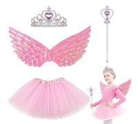 ZXTGBQ 4 pezzi Costume da ragazza, principessa con corona e bacchetta magica, ali, bacchetta da fata, gonne tutù, corona e fascia per capelli, set di costumi per ragazze