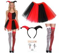 ZXTGBQ 4PCS Costume Da Clown Da Circo Con Piume Da Donna,Vestito Clowns Horror Con Copricapo, Calze Sopra Ginocchio, Tutu, Tatuaggi, Costumes Arlecchinos Per Carnevale, Halloween, Feste A Tema