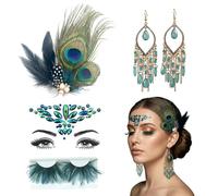 ZXTGBQ 6 Pezzi Costume da Pavone Accessori da Donna con Piume di Pavone Copricapo e Orecchini Blu Verde, Viso in Strass per Feste a Tema Carnevale Cosplay in Maschera