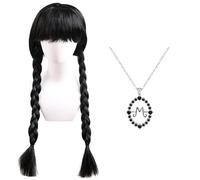 ZXTGBQ Parrucca Mercoledi con Collana, Wig Intrecciate Nere con Frangia, Parrucca Nera Doppia Intrecciata Lunga, Trecce Mercoledì per Feste a Tema, Halloween