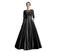 ZYAGH Abiti da Cerimonia for la Madre della Sposa, Maniche a 3/4, Abito da Sera Lungo in Raso con Applicazioni in Pizzo(Black,22W)