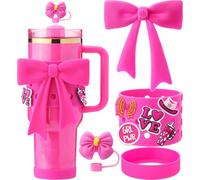 ZYBIDEAL Accessori per tazze Stanley, solo bicchiere da 1,18 l, decorazione con fiocco, decorazione in paglia, manicotto perforato in silicone per Stanley Quencher da 1,18 l, rosa acceso