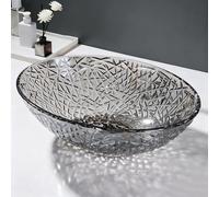 ZYCDP Lavandino Bagno Vetro Lavabo da Appoggio Ovale 510 X 355 X 150 mm Senza Foro Rubinetto Grigio Cristallo