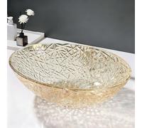 ZYCDP Lavandino Bagno Vetro Lavabo da Appoggio Ovale 510 X 355 X 150 mm Senza Foro Rubinetto Oro Cristallo