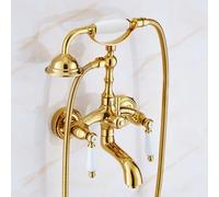 ZYCDP Rubinetto Vasca Vintage Miscelatore per Doccia da Muro, Miscelatore Vasca da Bagno con Doccetta Ottone con 2 Manopole Oro