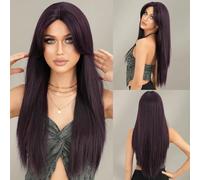 ZYDLMBJL Parrucche di Capelli Umani, Parrucca Lunga Diritta in Frassino for Donna, Uso Quotidiano, Festa, Sfumata, bionda, con Spaccatura Media, Parrucca a densità 150(Dark Purple)