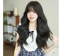 ZYDLMBJL Parrucche di Capelli Umani, Parrucca Marrone da Donna Lunga ondulata for Le Donne Parrucche Lunghe Ondulate da Festa Quotidiana con Frangia soffice(Black)