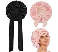ZYEKIU 2 PCS Bonnet Soie Cheveux Nuit Bonnet de Nuit en Soie Cuffia per Capelli Ricci da Notte Sleep cap pour Femmes Taille de tête Ajustable Tresse Locks Longs Bouclés (Rose et Noir)