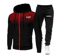ZYHJZ Tuta da uomo Set tute a maniche lunghe per Mass Effect N7, felpa con cappuccio e pantaloni della tuta Joggers Set 2 pezzi per adolescenti palestra pantaloni semplici,Black-XL