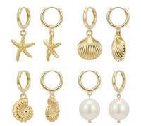 ZYIJUNY Set di 4 paia di orecchini a cerchio da donna, placcati in oro 14 carati, con elementi oceanici, conchiglie, stelle marine, conchiglie, perle, idea regalo minimalista per la spiaggia estiva