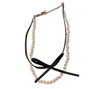 ZYKEJJDDAK Collana da donna a doppio strato, con perle e fiocco, collana girocollo fatta a mano, catena regolabile per clavicola, 40 cm, perle d'imitazione, Nessuna pietra preziosa