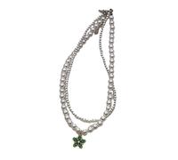 ZYKEJJDDAK Collana girocollo con perline colorate con ciondolo a forma di fiore a doppio strato con perle e catena clavicola da donna, 38 cm, perle d'imitazione, Nessuna pietra preziosa