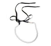 ZYKEJJDDAK Collana girocollo nera con fiocco lungo per le donne elegante perla simulata catena clavicola gioielli per la moda, 5.07x2.73in, plastica ABS, Nessuna pietra preziosa