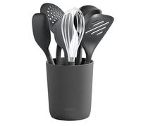 Zyliss Set di 7 Utensili da Cucina in Paglia/Silicone Sostenibile, Include Mestolo, Spatola, Cucchiaio e Supporto, Teste in Silicone Resistente al Calore, grigio Beluga