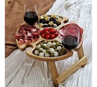 ZYLLZY Tavolo da picnic pieghevole in legno con supporto per bicchieri di vino rosso, piatto portatile a compartimenti per formaggio e frutta, tavolo pieghevole per viaggi giardino piccolo