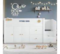 ZYLOYAL10 Letto in legno, letto per bambini, mezza altezza, scala portaoggetti con ante magnetiche, con due grandi cassetti e armadio, pino + MDF + compensato, bianco + naturale, 90 x 200 cm