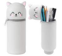 Zyluniy Kawaii Astuccio Scuola 2 in 1 in Morbido Silicone, Astuccio Telescopico Astuccio in Morbido Silicone per la Scuola Kawaii Portapenne da Tavolo Chiusura con Cerniera per Ragazzi e Ragazze,Gatto