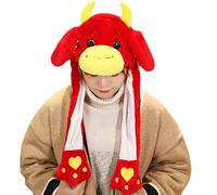 ZYMIADOU Divertente cappello di peluche animale di bue con orecchie da salto in movimento cinese Capodanno cartone animato giocattolo farcito bella mucca bestiame paraorecchie cappello foto partito