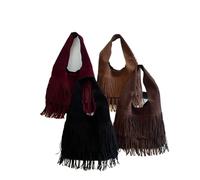 Zymjzbetic Borsa con frange Borsa a tracolla in velluto e pelle retrò con nappa for donna, 2 borse a casual di grande capacità, borsa a secchiello portatile da donna(Black)