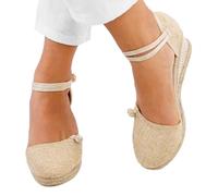 ZYONG Donna Donna Paglia Sandali in Corda di Canapa Retro Tela di Lino con Zeppa Punta Rotonda Sandali Casual Scarpe Singole Eleganti Sandali con Punta Chiusa