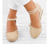 ZYONG Donna Donna Paglia Sandali in Corda di Canapa Retro Tela di Lino con Zeppa Punta Rotonda Sandali Casual Scarpe Singole Eleganti Sandali con Punta Chiusa