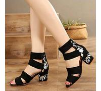 ZYONG Stile Etnico Ricamato Sandali con Tacco Medio Donna 2020 Estate all-Match Tacco Spesso Elegante Retro Open Toe Scarpe Ricamate da Donna