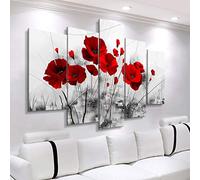 ZYQXI 5 Pezzi Quadro su Tela Pittura Decorativa Quadro Moderno Quadro con Fiori combinati Poster Estratto Papavero Rosso Stampe su Tela Immagini murali per soggiorno-40x60x2 40x80x2 40x100cm