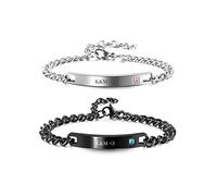 Zysta Bracciali Coppia Personalizzabili Nome Iniziali in Acciaio Inossidabile, ID Bracciale Identificativo con Inciso Scritto per Donna Uomo, Regalo Per Lui Lei Fidanzati Annivesario (Argento+Nero)
