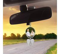 Zysta Ciondolo da Appendere in Auto con Foto Personalizzata, Pendente Specchietto Retrovisore Ali Custode Portafoto Decorazione, Cornice Rotonda Ornamento Accessori Decorativo Macchina Interni Argento