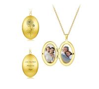 Zysta Collana Porta Foto Personalizzata con 2 Foto e Fiore Nascita in Acciaio Inox Collana Medaglione Ciondolo Locket Ovale Incisione Nome Messagio Gioielli Memoriale per Complanno Anniversario (Oro)