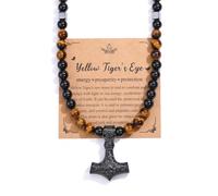 Zysta Collana Tripla Protezione Perlines in Pietre Natureli per Uomo Ragazzao 8mm Collana Vichinga Pendente Martello Thor Incisione in Acciaio Gioielli Amuleto Occhio di Tigre Ossidiene Ematite