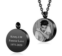 Zysta Collana Urna Funeraria per Ceneri in Acciaio Inox, Collana Ciondolo Porta Ceneri con Foto Personalizzato, Pendente Ricordo Personalizzabile con Nome Data Testo per Cremazione Nero (Rotondo)