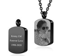 Zysta Collana Urna Funeraria per Ceneri in Acciaio Inox, Collana Ciondolo Porta Ceneri con Foto Personalizzato, Pendente Ricordo Personalizzabile con Nome Data Testo per Cremazione Nero (Dog Tag)