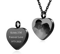 Zysta Collana Urna Funeraria per Ceneri in Acciaio Inox, Collana Ciondolo Porta Ceneri con Foto Personalizzato, Pendente Ricordo Personalizzabile con Nome Data Testo per Cremazione Nero (Cuore)