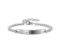 Zysta ID Bracciale Incisione Personalizzata Nome Data Coordinate per Donna Bracciale Identificativo Personalizzabile Scritto Text in Acciaio Inossidabile Braccialetto a Catena Cubana (Argento Strass)